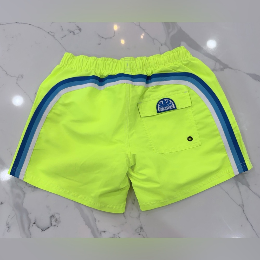 NWT Sundek Neon Yellow Swim Trunks with Blue Stripe Accents